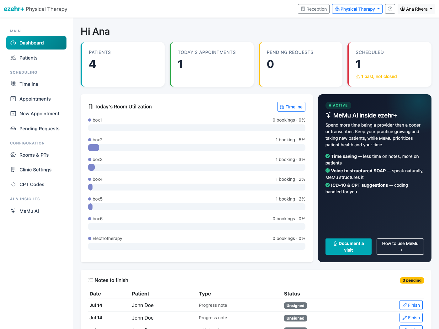 The ezehr+ dashboard: room utilization, today's caseload and notes to finish