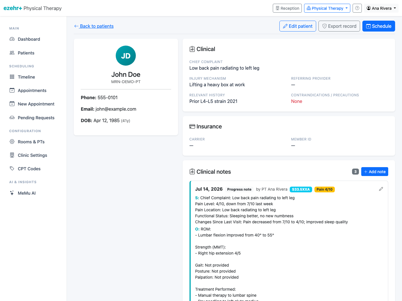 The chart — intake, visits and notes on file