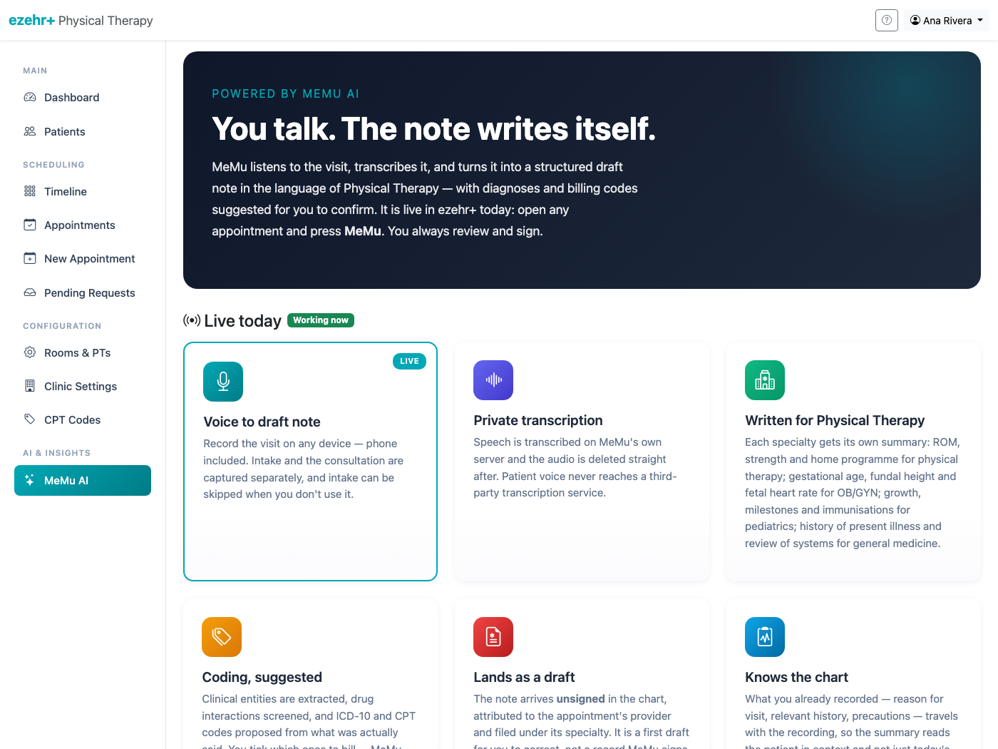 The MeMu AI capability page inside ezehr+